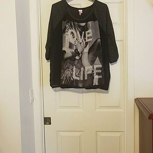 3/4 sleeve, sheer front, gray back and sleeves